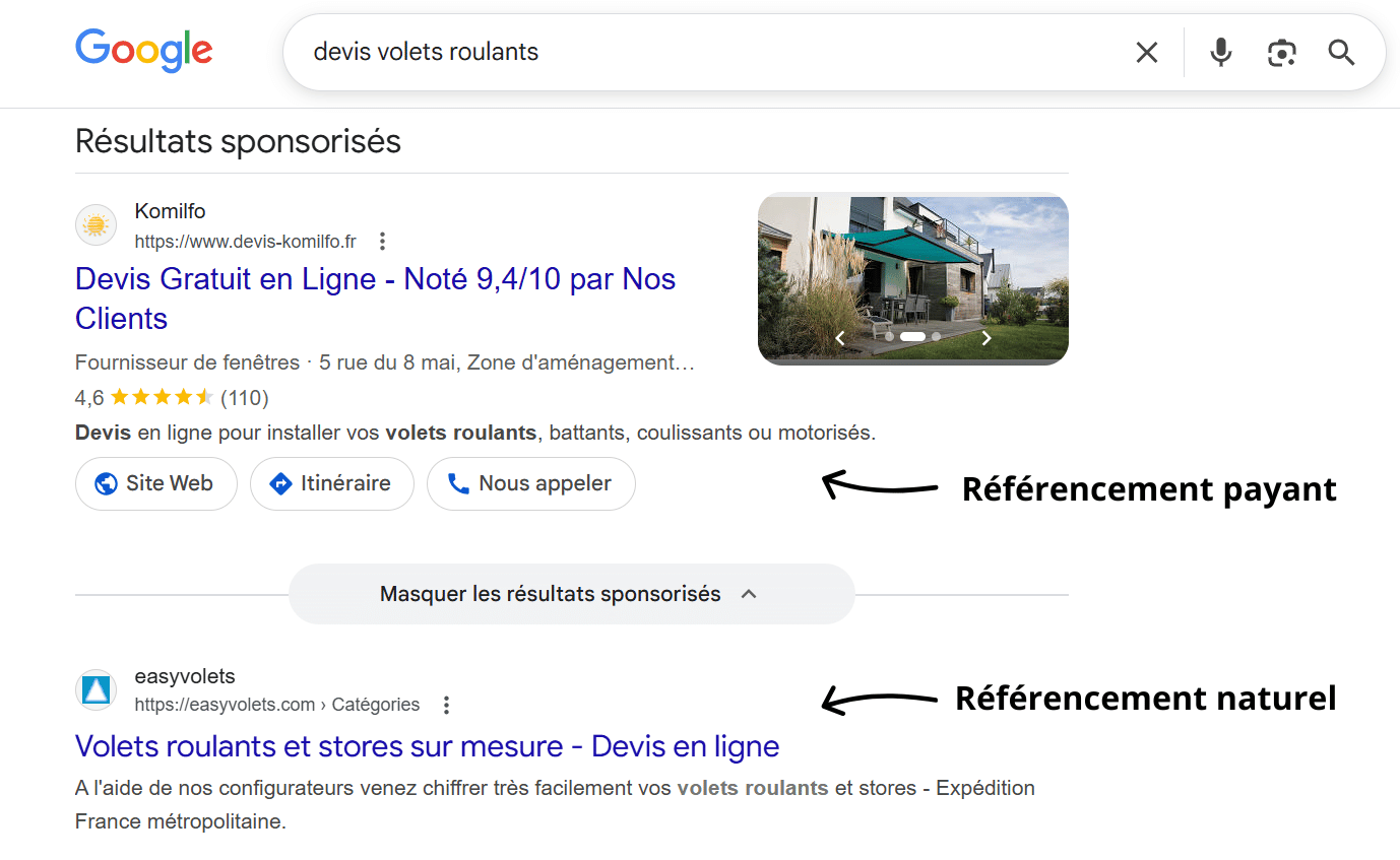 Exemple référencement payant et référencement naturel dans Google